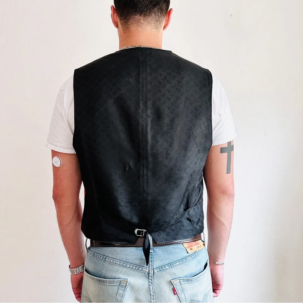 Vintage Silk Southwestern Vest Mens Orange Black Navajo Western Cowboy Chevron - Picture 4 of 10